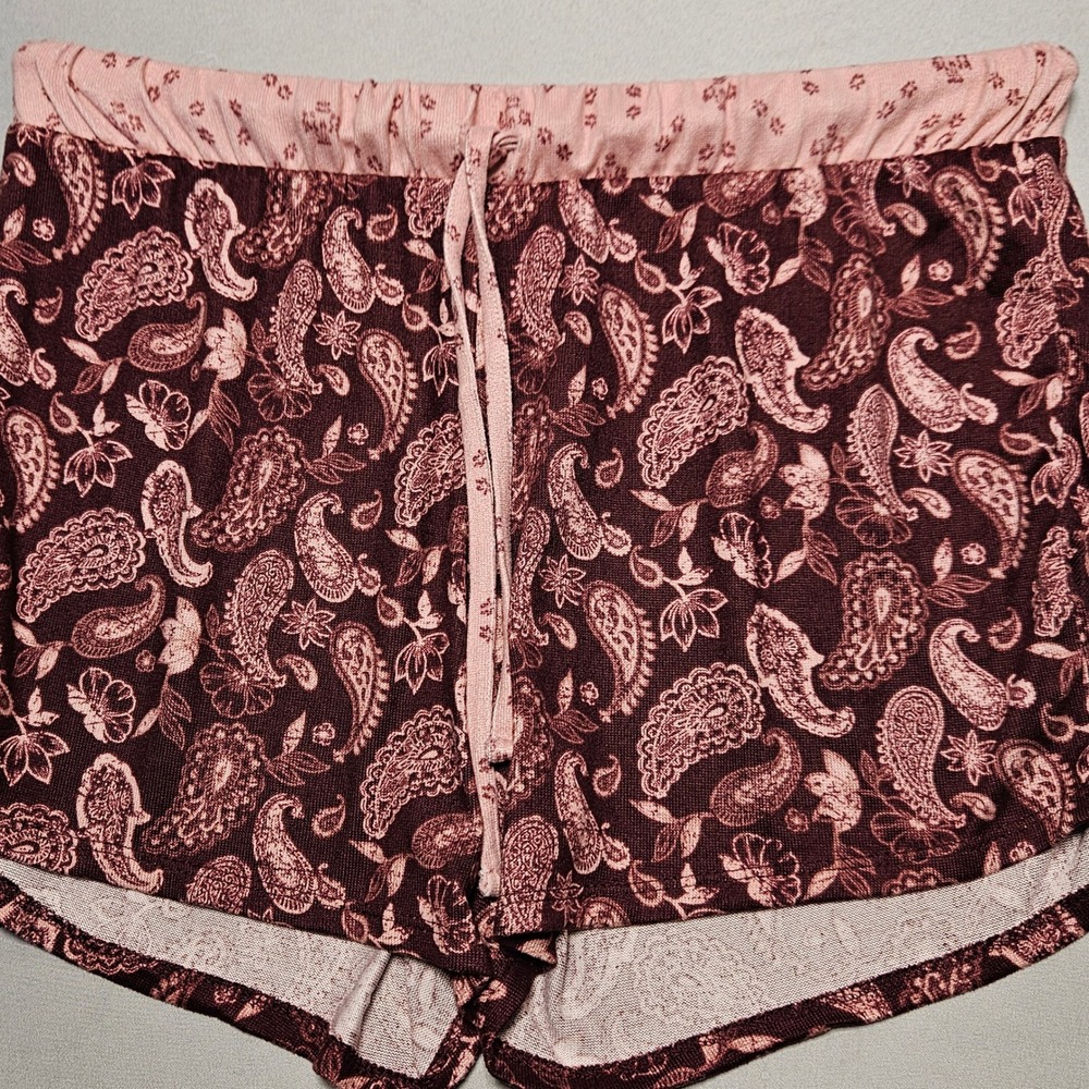 Lucky Brand Pajama Shorts‎ Womens Medium Pink Burgundy Paisley Drawstring Boho